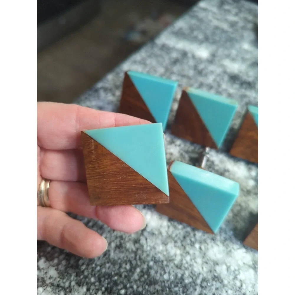 12 MCM Wood Boho Style Wood Teal Faux Stone Drawer Pulls Knobs Handles Teak